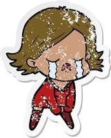 distressed sticker of a cartoon girl crying vector