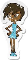 retro distressed sticker of a cartoon girl with hands on hips vector