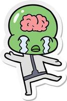 sticker of a cartoon big brain alien crying vector