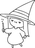 line drawing of a cute kawaii witch girl vector