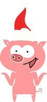 flat color illustration of a pig with no worries wearing santa hat vector