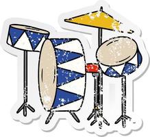 distressed sticker cartoon doodle of a drum kit vector