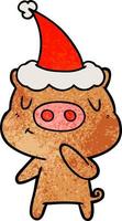 textured cartoon of a content pig wearing santa hat vector