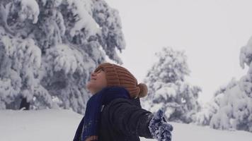 niño feliz en tiempo de nieve. niño feliz en invierno mirando al cielo y riendo. video