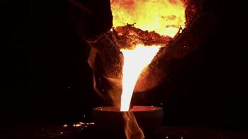 A furnace in which metal is melted. Sparks and smoke from the fire. metallurgical industry.Pouring bright hot liquid steel or metal from ladle in blast furnace foundry metallurgical factory. video