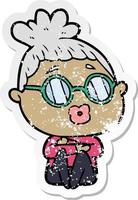 distressed sticker of a cartoon sitting woman wearing spectacles vector