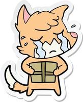 sticker of a crying fox cartoon with parcel vector