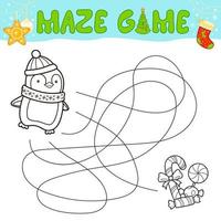 Christmas Maze puzzle game for children. Outline maze or labyrinth. Find path game with christmas penguin. vector