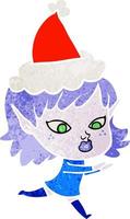 pretty retro cartoon of a elf girl wearing santa hat vector