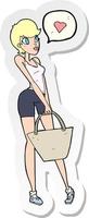 sticker of a cartoon woman loving shopping vector