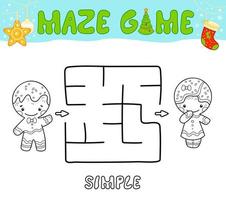 Christmas Maze puzzle game for children. Simple outline maze or labyrinth game with christmas Gingerbread man. vector