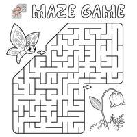 Maze puzzle game for children. Outline maze or labyrinth game with butterfly and flower. vector