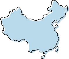 Stylized simple outline map of China icon. Blue sketch map of China vector illustration