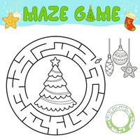 Christmas black and white maze puzzle game for children. Outline circle maze or labyrinth game with Christmas tree and decorations. vector