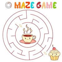 Maze puzzle game for children. Circle maze or labyrinth game with cake and tea. vector