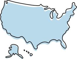 Stylized simple outline map of USA icon. Blue sketch map of America vector illustration