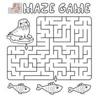 Maze puzzle game for children. Outline maze or labyrinth game with walrus. vector