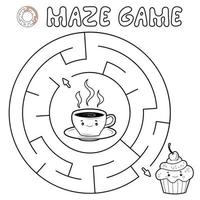 Maze puzzle game for children. Outline circle maze or labyrinth game with cake and tea. vector