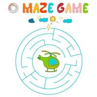 Maze puzzle game for children. Circle maze or labyrinth game with helicopter. vector