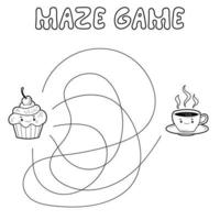 Maze puzzle game for children. Outline maze or labyrinth. Find path game with cake and tea vector