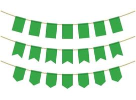 Green flags for decoration on white background. Bunting flags on the ropes vector