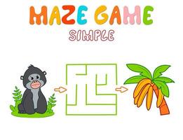 Simple Maze puzzle game for children. Color simple maze or labyrinth game with gorilla. Monkey and bananas vector