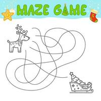 Christmas Maze puzzle game for children. Outline maze or labyrinth. Find path game with christmas sleigh and reindeer. vector