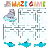 Maze puzzle game for children. Maze or labyrinth game with walrus. vector