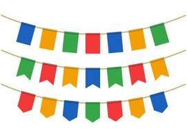 Multicolored flags for decoration on white background. Bunting flags on the ropes vector