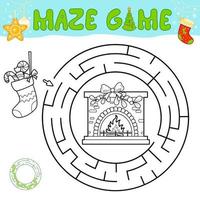 Christmas black and white maze puzzle game for children. Outline circle maze or labyrinth game with Christmas Sock and fireplace. vector