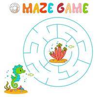 Maze puzzle game for children. Circle maze or labyrinth game with fish. vector