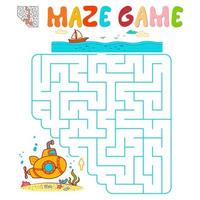 Maze puzzle game for children. Maze or labyrinth game with submarine. vector