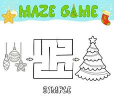 juego de rompecabezas de laberinto navideño para niños. laberinto de esquema simple o juego de laberinto con árbol de navidad y decoraciones. vector