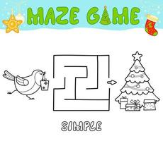 Christmas Maze puzzle game for children. Simple outline maze or labyrinth game with christmas Bird. vector