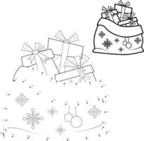 Dot to dot Christmas puzzle for children. Connect dots game. Christmas bag with gifts vector