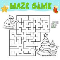 Christmas Maze puzzle game for children. Outline maze or labyrinth game with christmas bag. vector