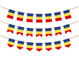 Romania flag on the ropes on white background. Set of Patriotic bunting flags. Bunting decoration of Romania flag vector