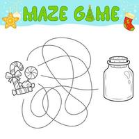 Christmas Maze puzzle game for children. Outline maze or labyrinth. Find path game with christmas Candy. vector