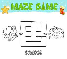 Christmas Maze puzzle game for children. Simple outline maze or labyrinth game with christmas cake. vector