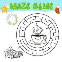 Christmas black and white maze puzzle game for children. Outline circle maze or labyrinth game with Christmas cookie. vector