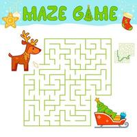 Christmas Maze puzzle game for children. Maze or labyrinth game with Christmas sleigh and reindeer. vector