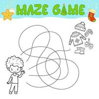 Christmas Maze puzzle game for children. Outline maze or labyrinth. Find path game with christmas boy. vector