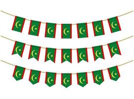 Mauritania flag on the ropes on white background. Set of Patriotic bunting flags. Bunting decoration of Mauritania flag vector