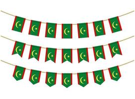 Mauritania flag on the ropes on white background. Set of Patriotic bunting flags. Bunting decoration of Mauritania flag vector