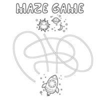 Maze puzzle game for children. Outline maze or labyrinth. Find path game with rocket. vector