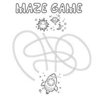 Maze puzzle game for children. Outline maze or labyrinth. Find path game with rocket. vector