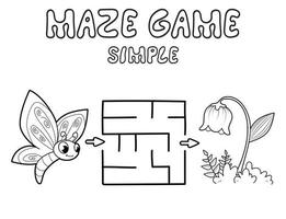 Simple Maze puzzle game for children. Outline simple maze or labyrinth game with butterfly and flower. vector