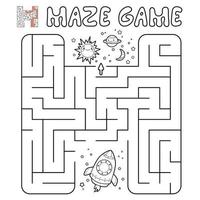 Maze puzzle game for children. Outline maze or labyrinth game with rocket. vector