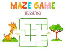 Simple Maze puzzle game for children. Color simple maze or labyrinth game with giraffe. vector