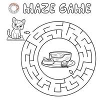 Maze puzzle game for children. Outline circle maze or labyrinth game with cat. vector